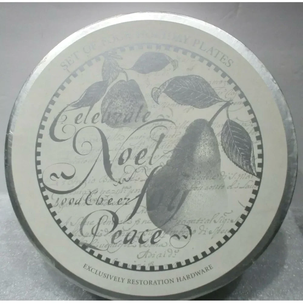 Restoration Hardware Holiday Plates Set Of 4 Celebrate Noel Peace Silver Trim
